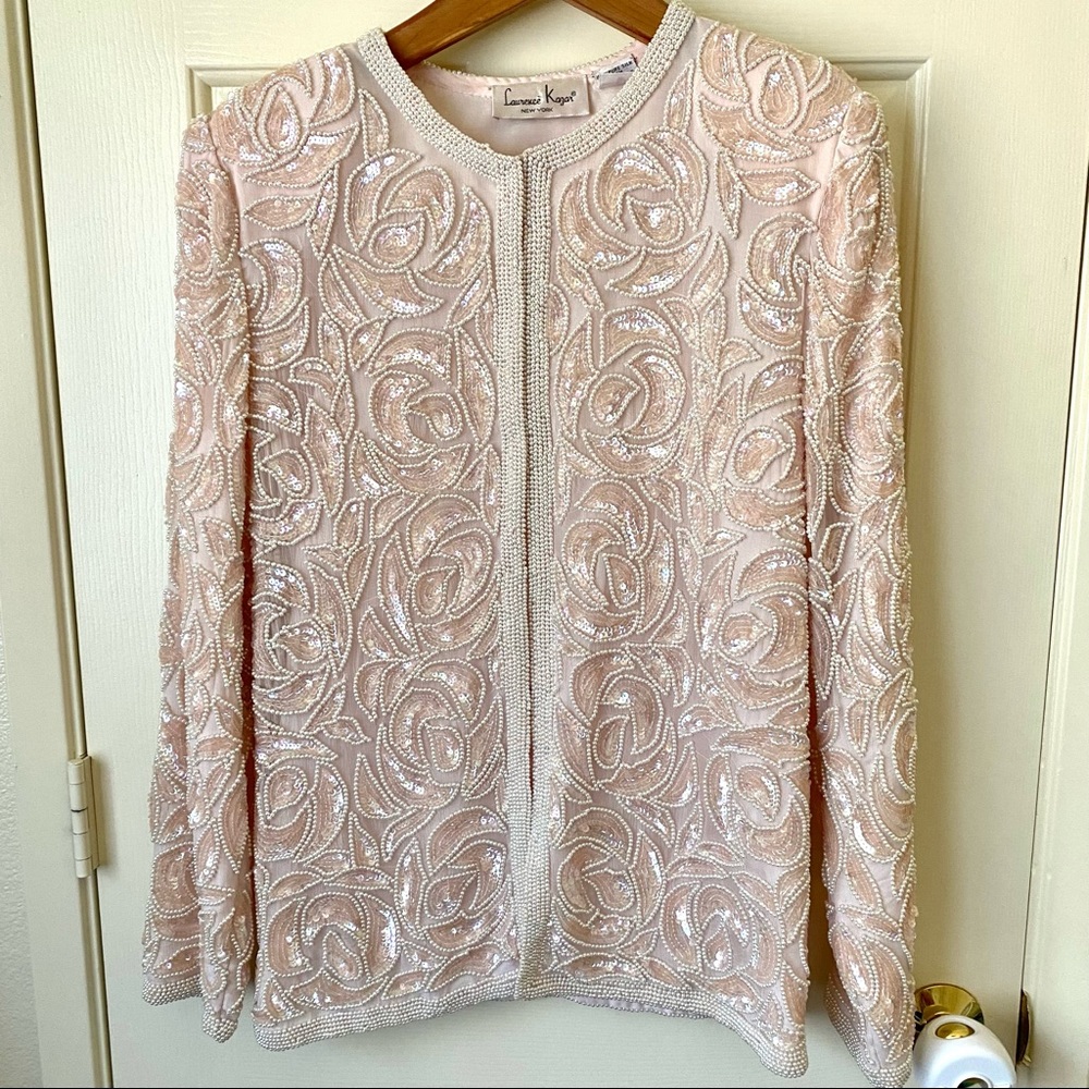 LAURENCE KAZAR Pink White Pearl Formal Silk Blazer Coat Jacket